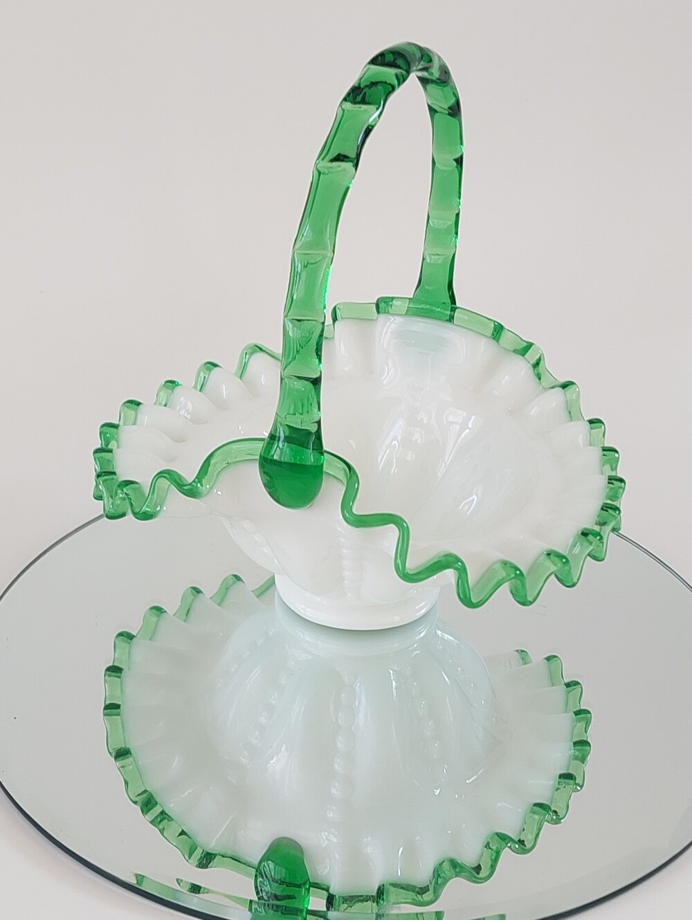 Vintage Fenton Milk Glass Basket Green Ruffled Crest Twisted Handle 7.5 Inch Art